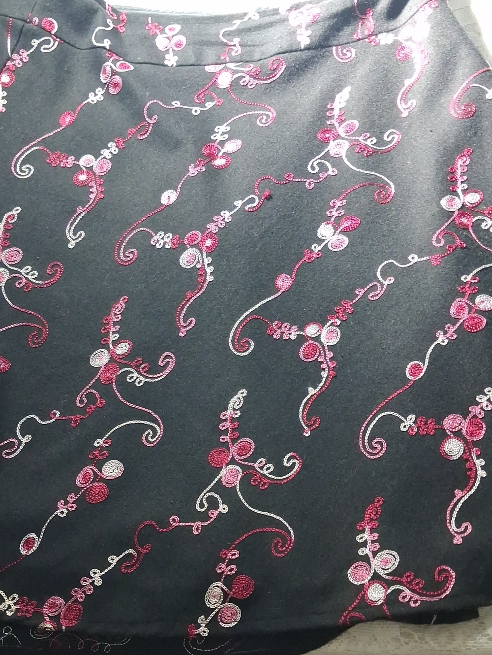 Black Satin Chemise with Pink Embroidered Scroll Detail